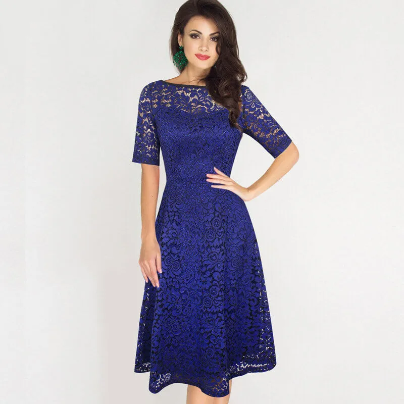 Graceful Half Sleeve Lace Pleat Knee-length Dress