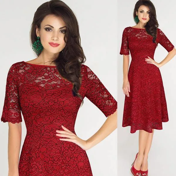 Graceful Half Sleeve Lace Pleat Knee-length Dress