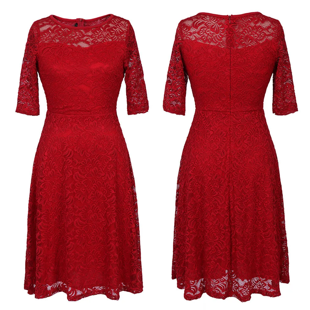 Graceful Half Sleeve Lace Pleat Knee-length Dress