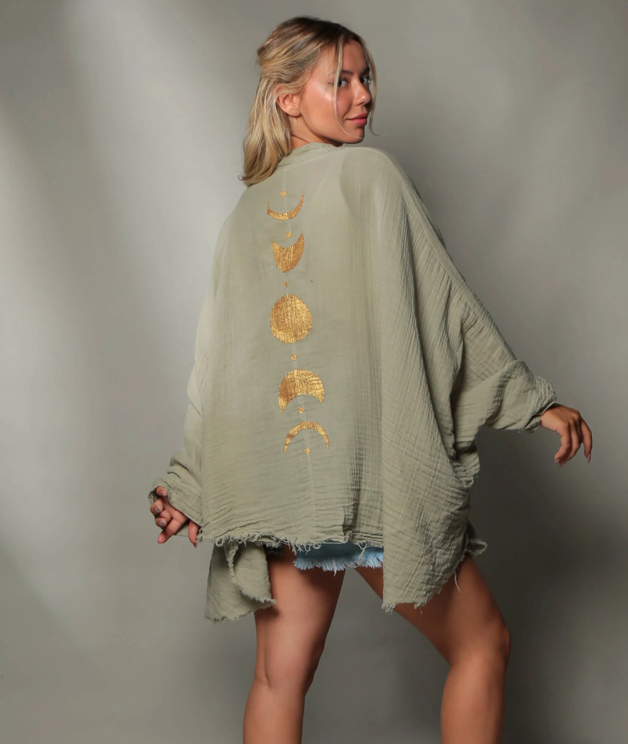 Green Muslin Kimono Robe with Golden Moon Phases / Poncho - Green