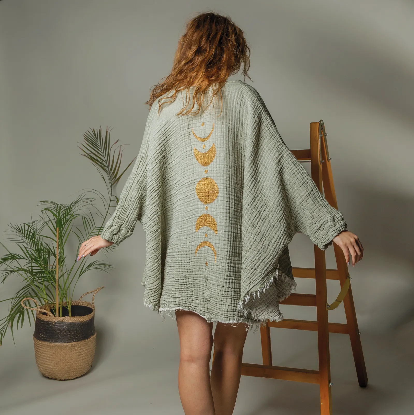 Green Muslin Kimono Robe with Golden Moon Phases / Poncho - Green