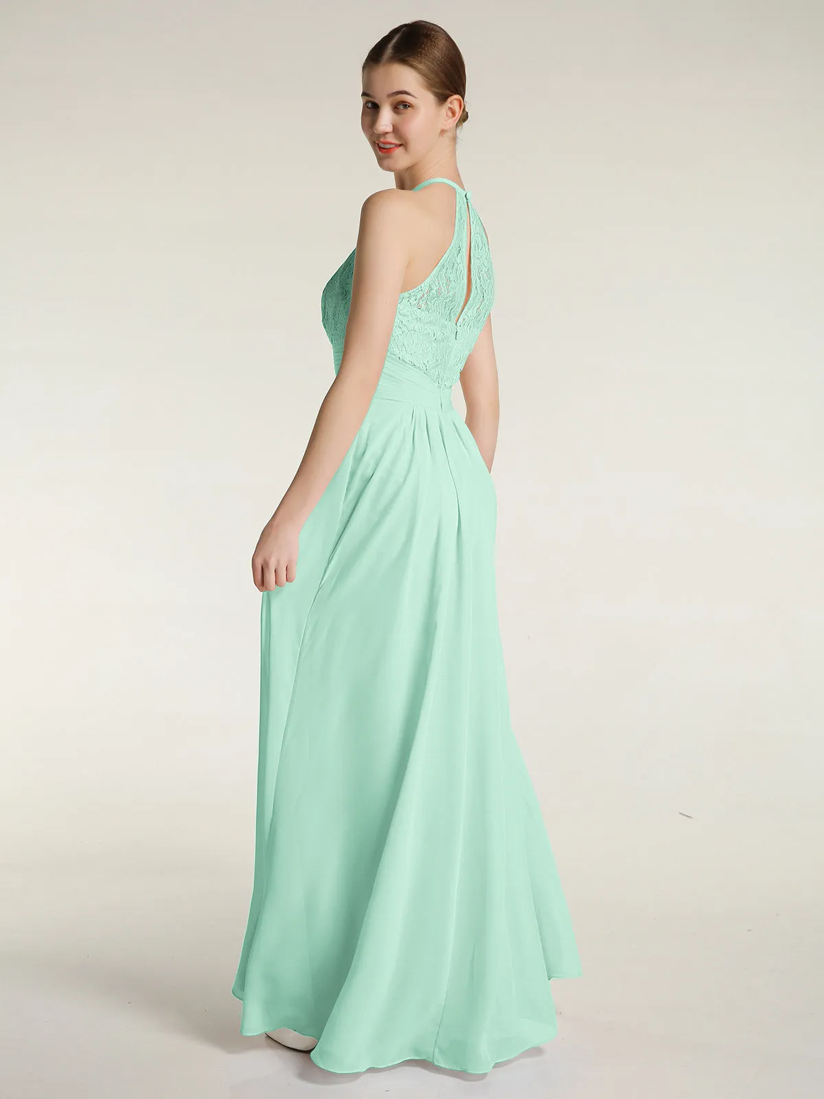 Halter Chiffon And Lace Long Dresses Mint Green Plus Size