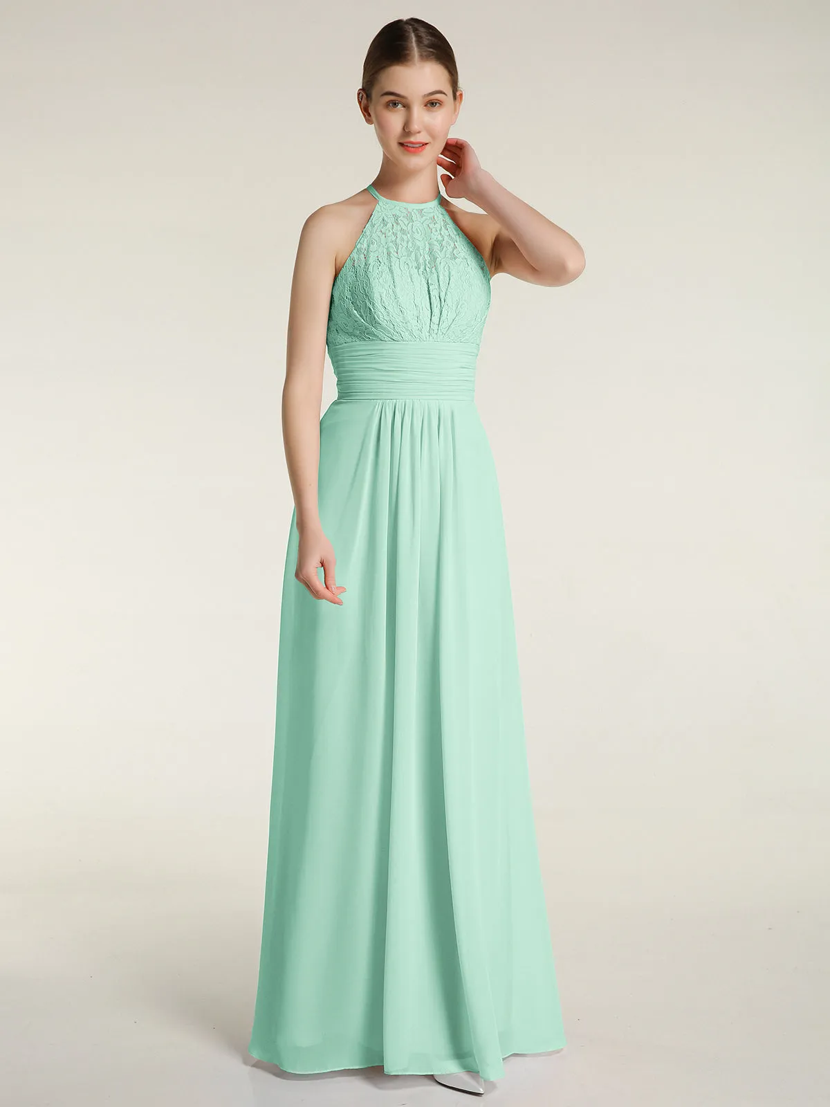 Halter Chiffon And Lace Long Dresses Mint Green Plus Size