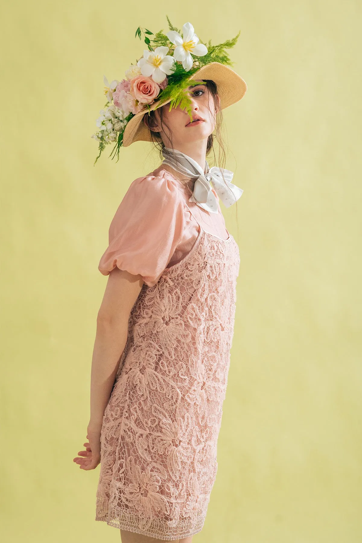 Heallinthe Puff Sleeve Top and Lace Camisole Short Dress Set