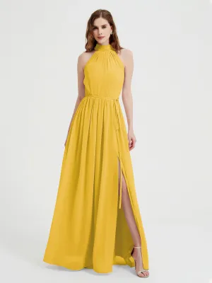 High Neck Chiffon Dresses with Slit and Sash Bow-Marigold Plus Size