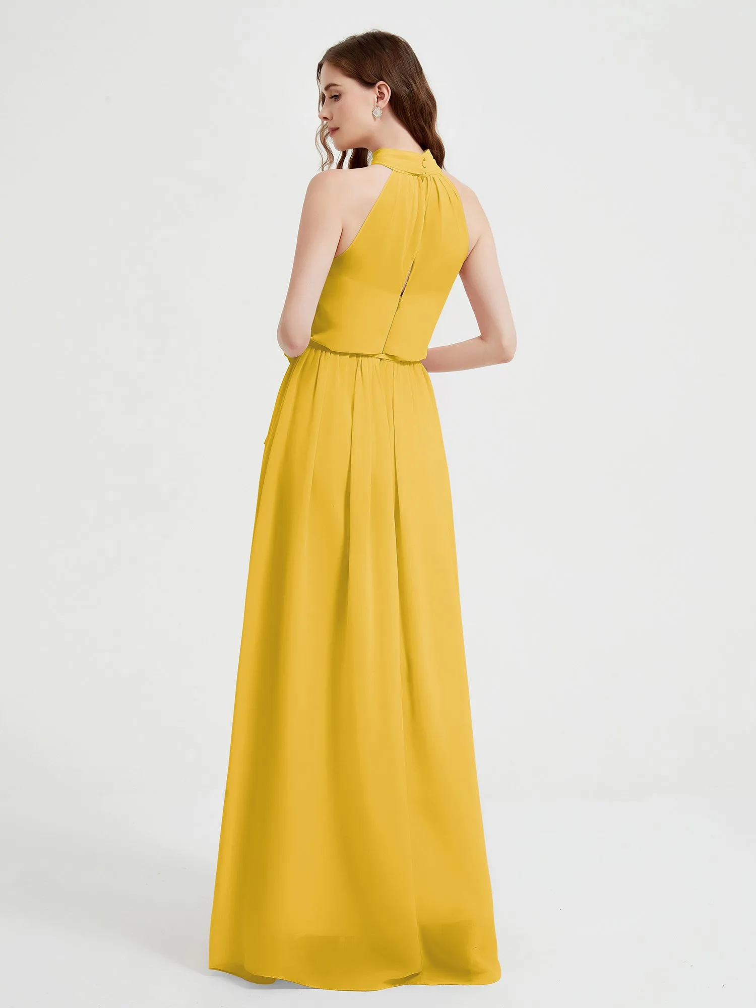 High Neck Chiffon Dresses with Slit and Sash Bow-Marigold Plus Size