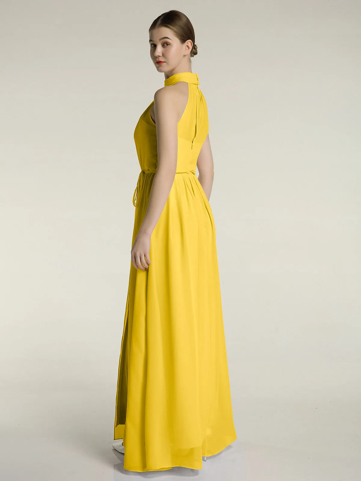 High Neck Chiffon Dresses with Slit and Sash Bow-Marigold Plus Size