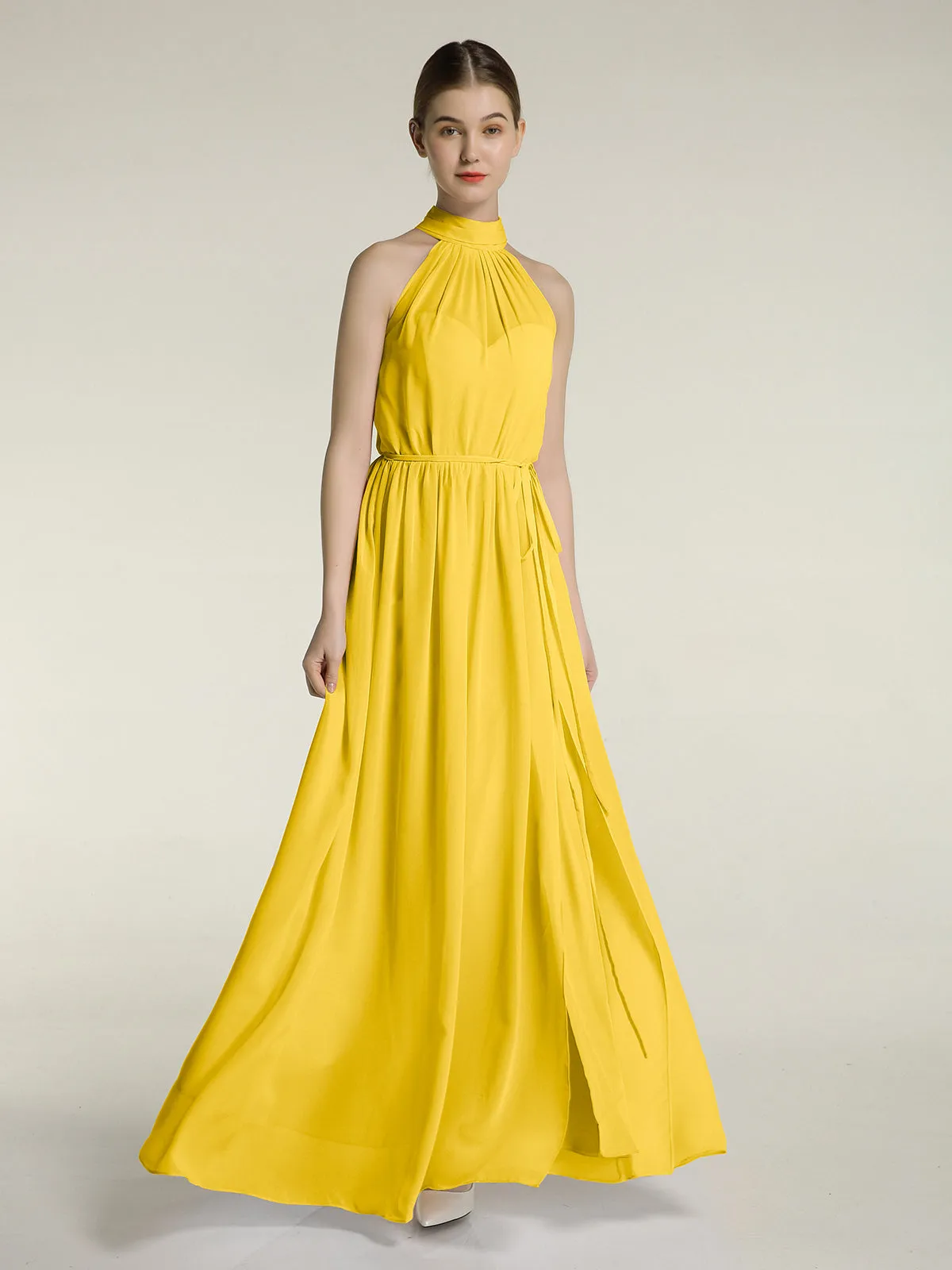 High Neck Chiffon Dresses with Slit and Sash Bow-Marigold Plus Size