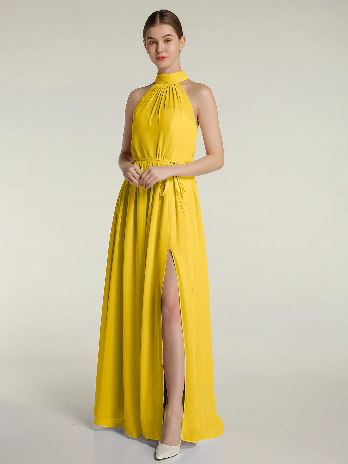 High Neck Chiffon Dresses with Slit and Sash Bow-Marigold Plus Size