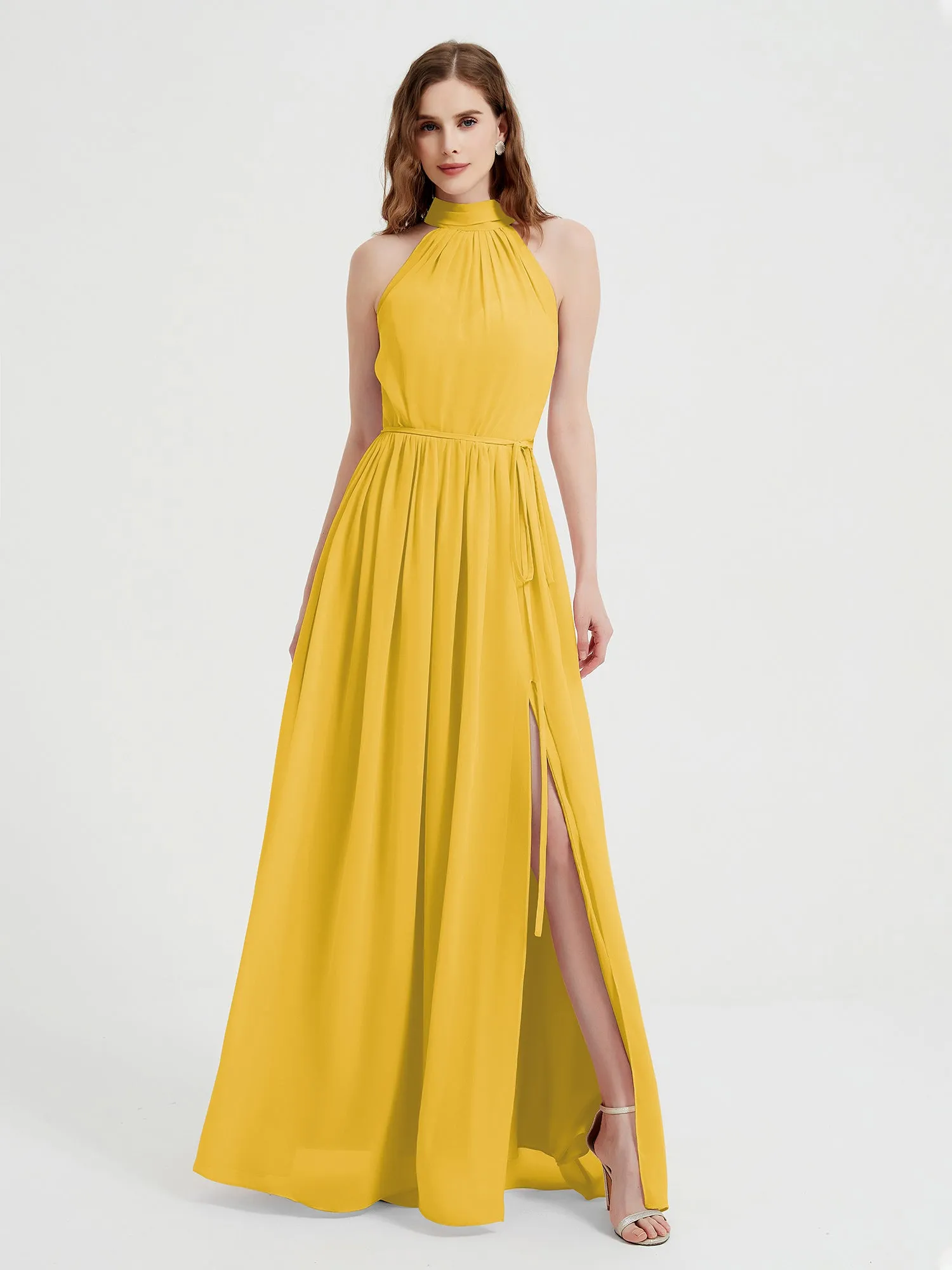 High Neck Chiffon Dresses with Slit and Sash Bow-Marigold Plus Size