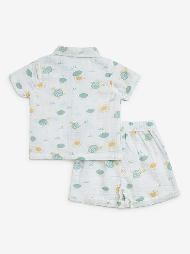 HOP Baby White Printed Cotton Shirt and Shorts Set