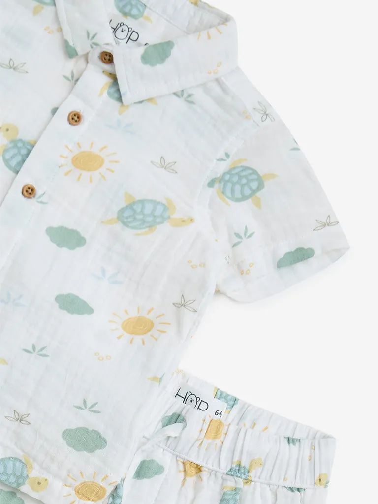 HOP Baby White Printed Cotton Shirt and Shorts Set