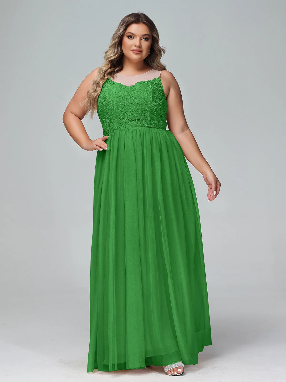 Illusion Neckline Lace and Tulle Maxi Dress-Green Plus Size