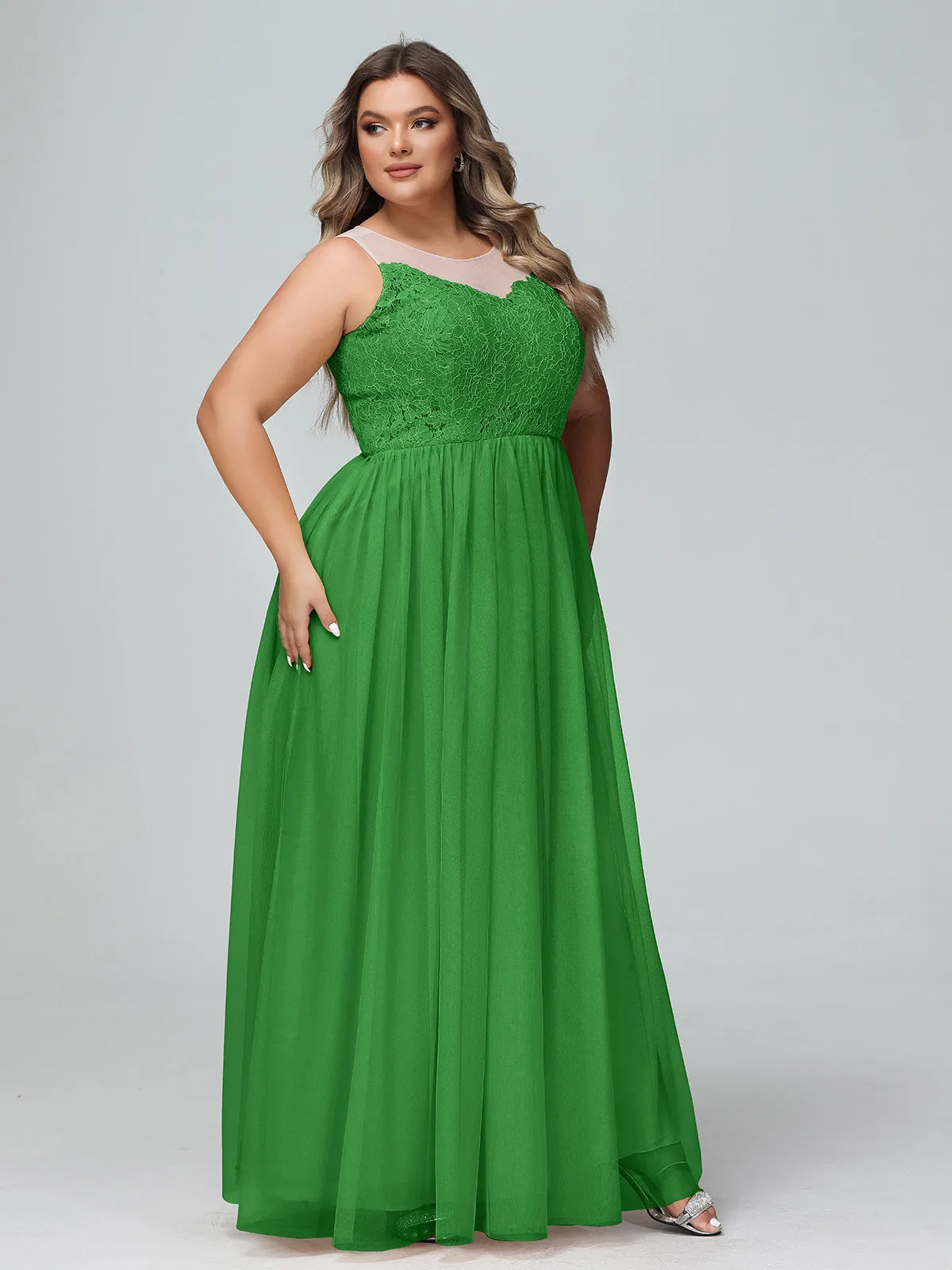 Illusion Neckline Lace and Tulle Maxi Dress-Green Plus Size