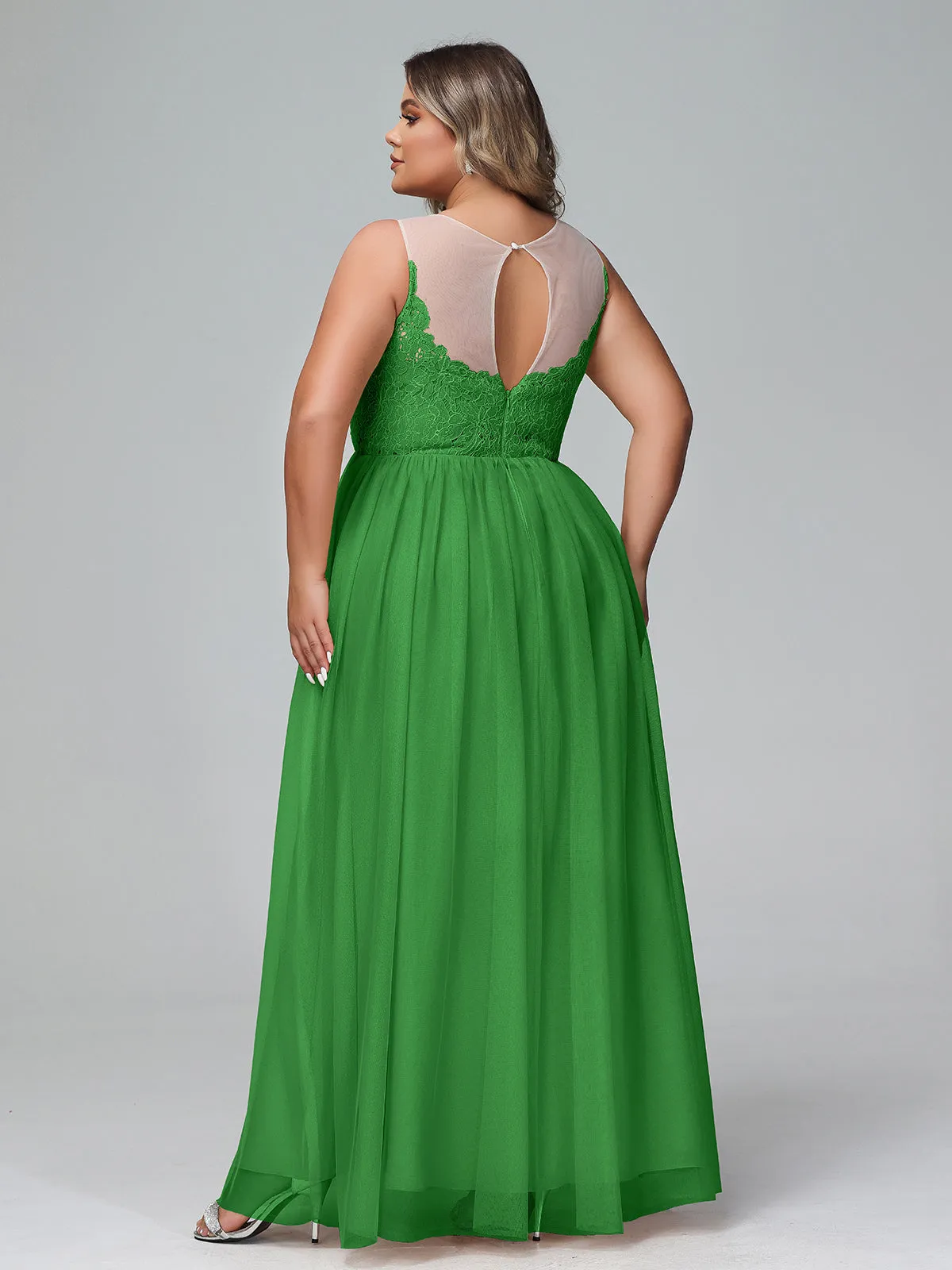 Illusion Neckline Lace and Tulle Maxi Dress-Green Plus Size