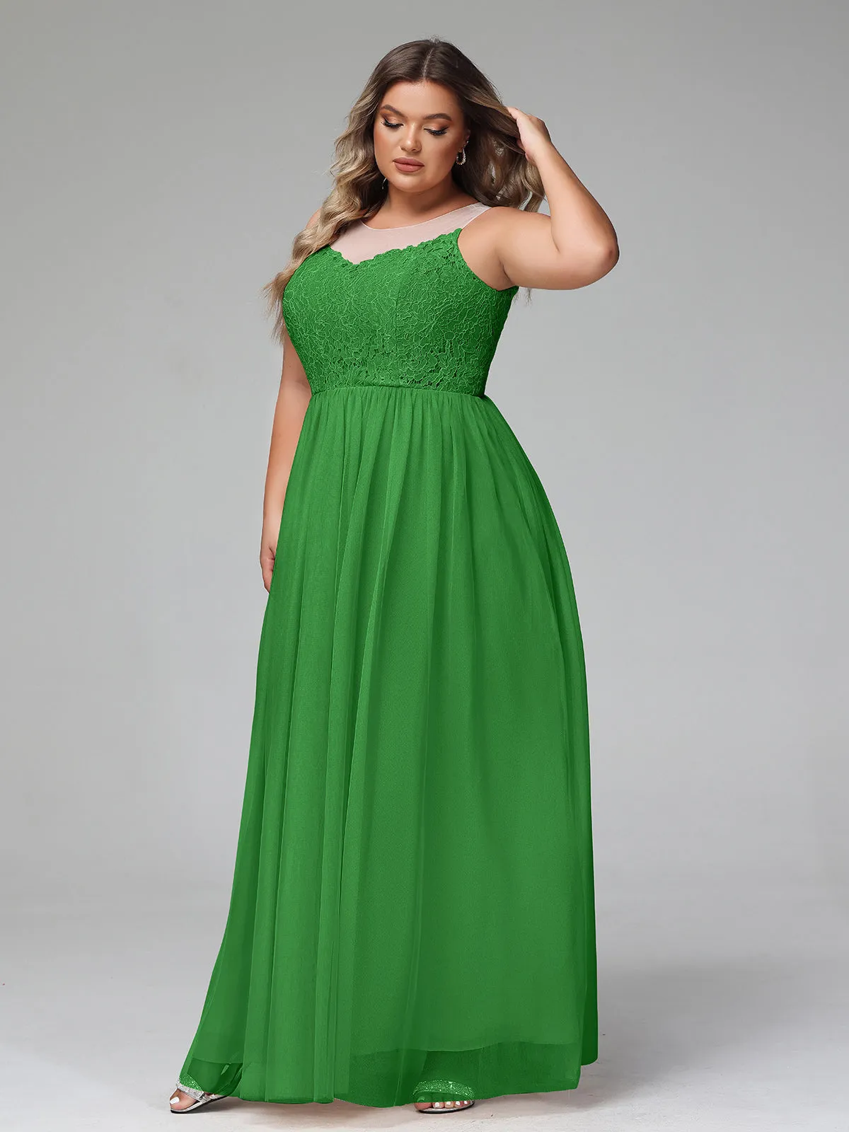 Illusion Neckline Lace and Tulle Maxi Dress-Green Plus Size