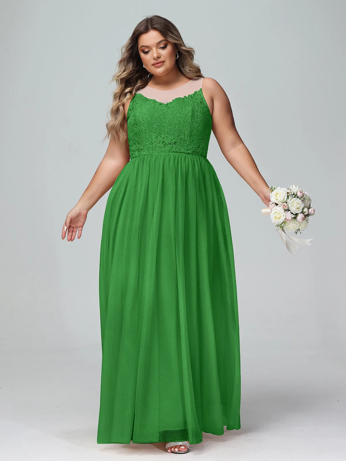 Illusion Neckline Lace and Tulle Maxi Dress-Green Plus Size