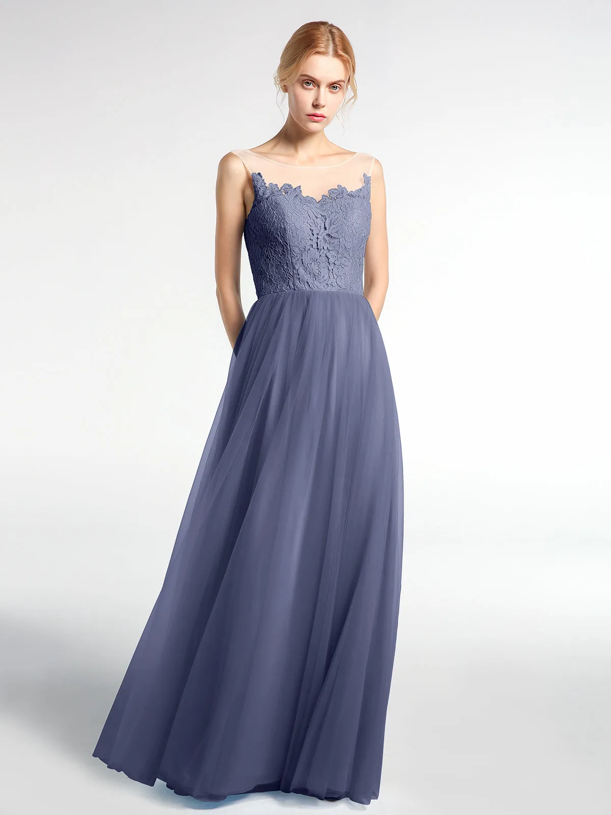 Illusion Neckline Lace and Tulle Maxi Dress-Stormy