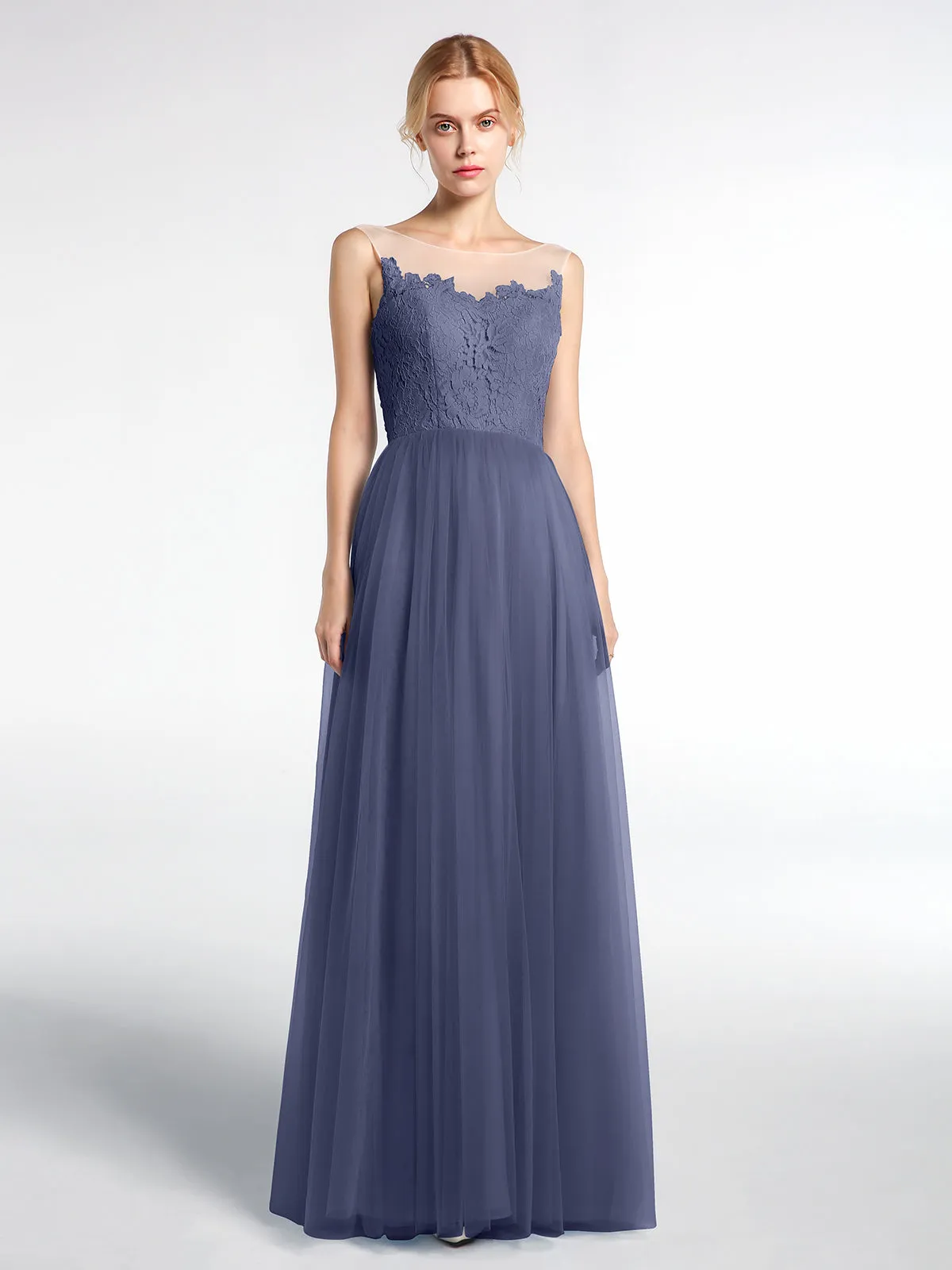 Illusion Neckline Lace and Tulle Maxi Dress-Stormy