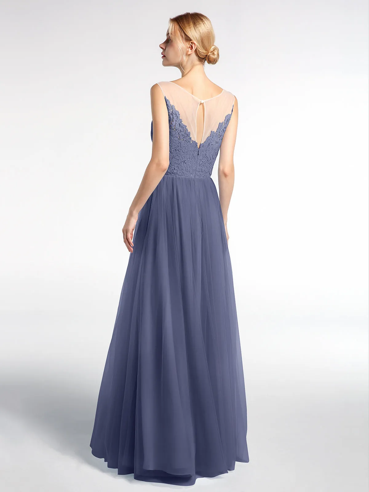 Illusion Neckline Lace and Tulle Maxi Dress-Stormy
