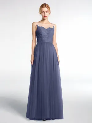 Illusion Neckline Lace and Tulle Maxi Dress-Stormy