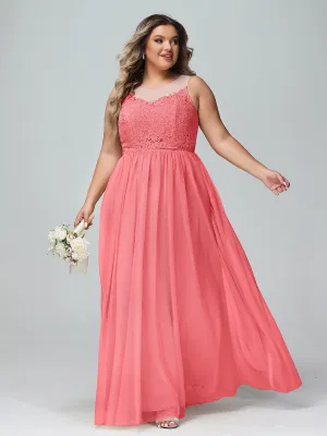 Illusion Neckline Lace and Tulle Maxi Dress-Watermelon Plus Size