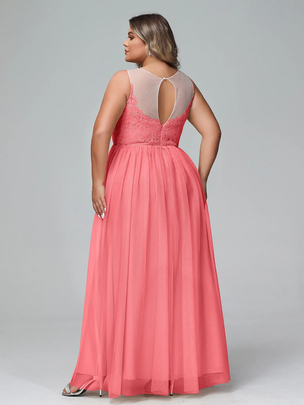 Illusion Neckline Lace and Tulle Maxi Dress-Watermelon Plus Size
