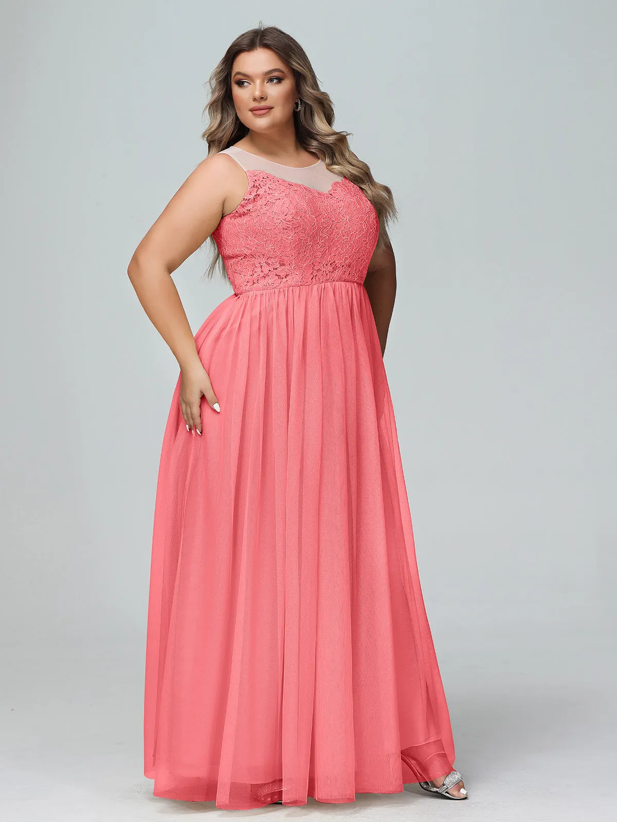 Illusion Neckline Lace and Tulle Maxi Dress-Watermelon Plus Size