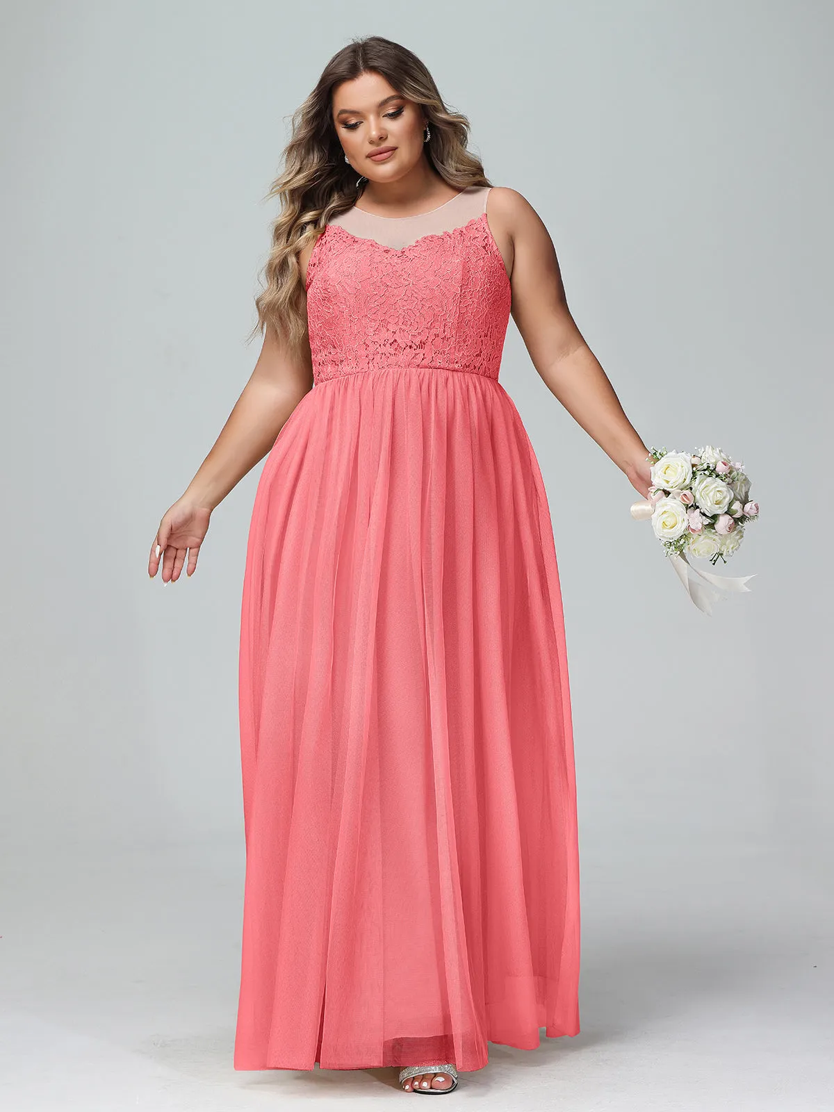 Illusion Neckline Lace and Tulle Maxi Dress-Watermelon Plus Size