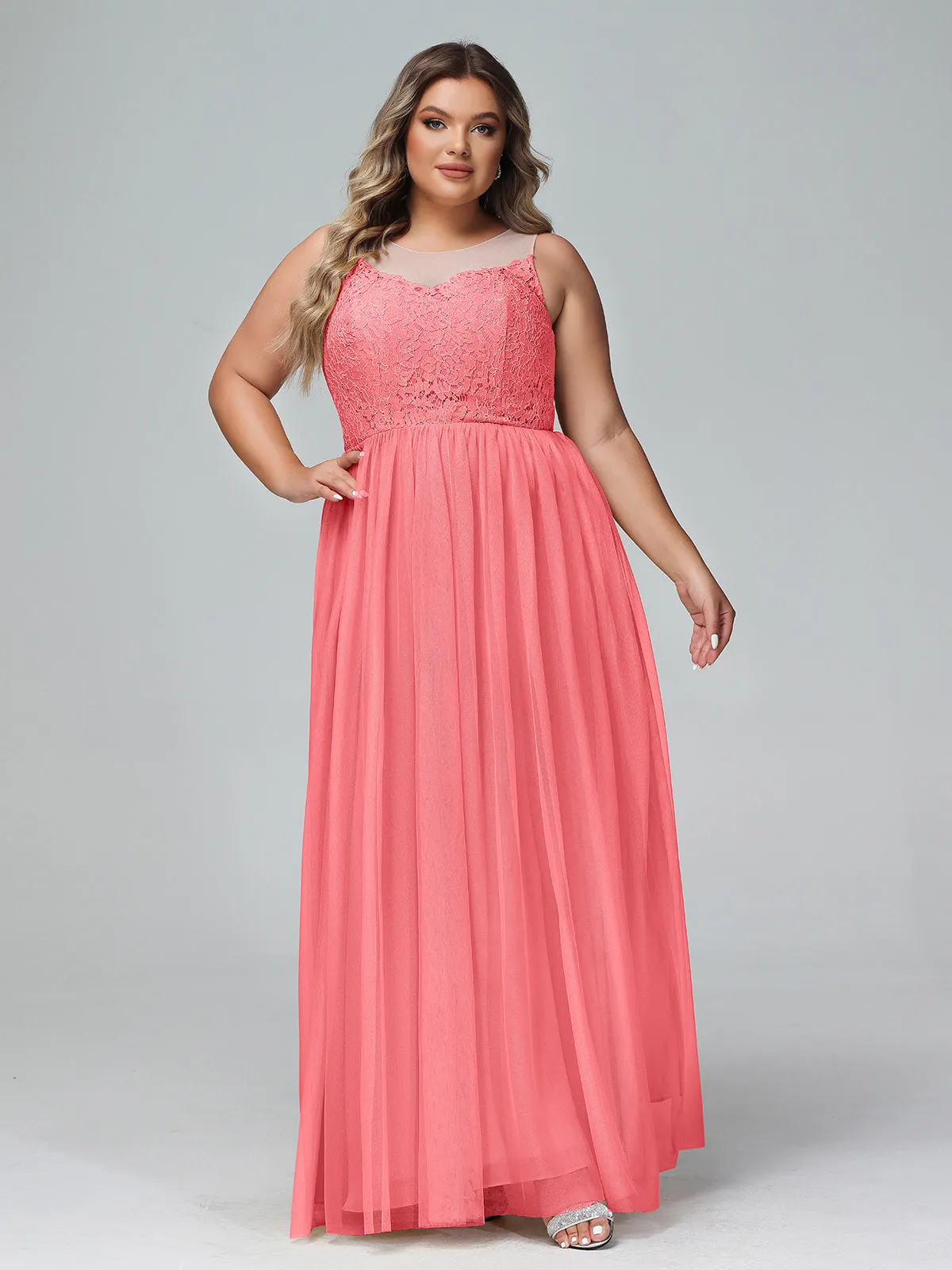 Illusion Neckline Lace and Tulle Maxi Dress-Watermelon Plus Size