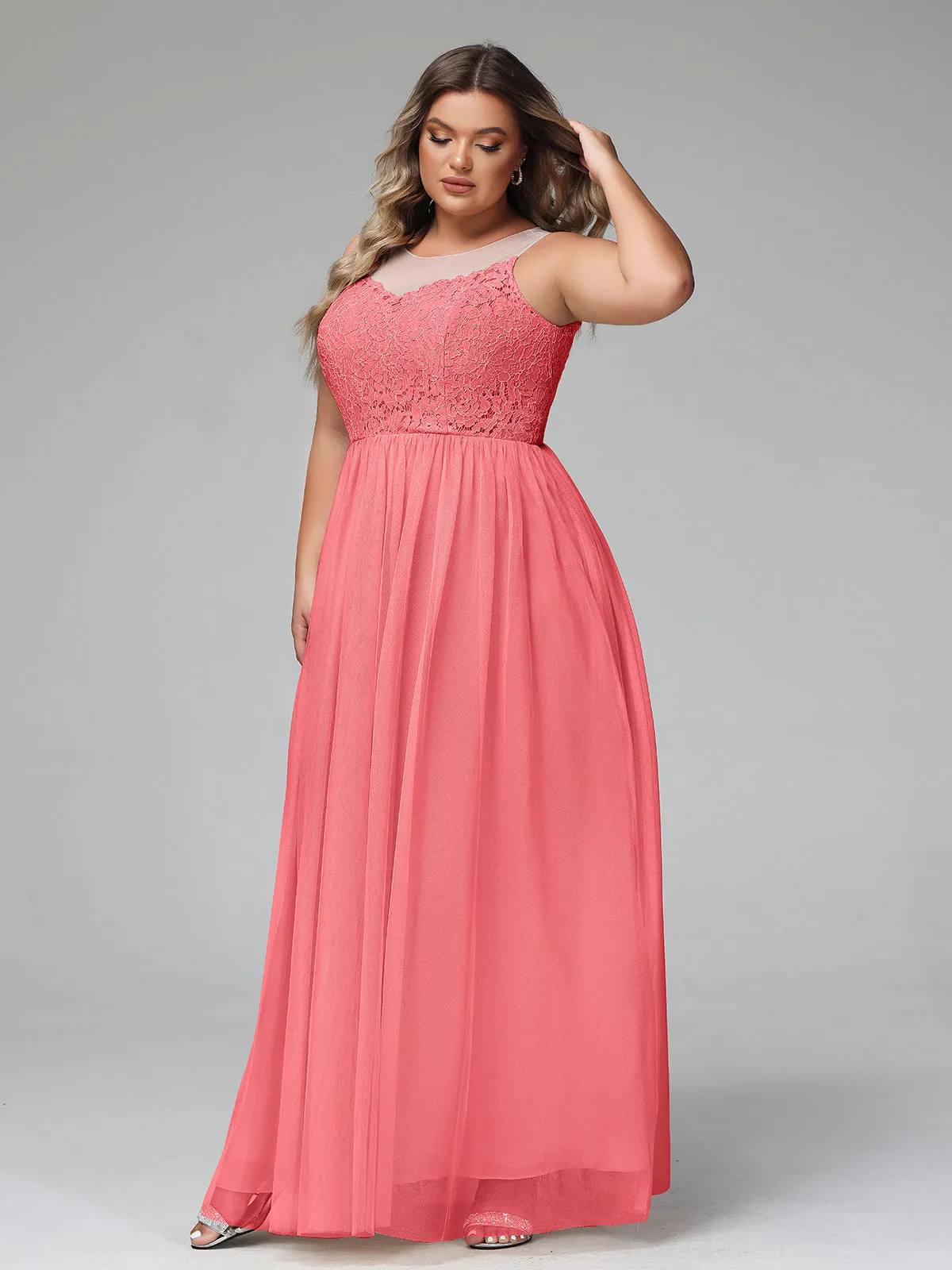 Illusion Neckline Lace and Tulle Maxi Dress-Watermelon Plus Size