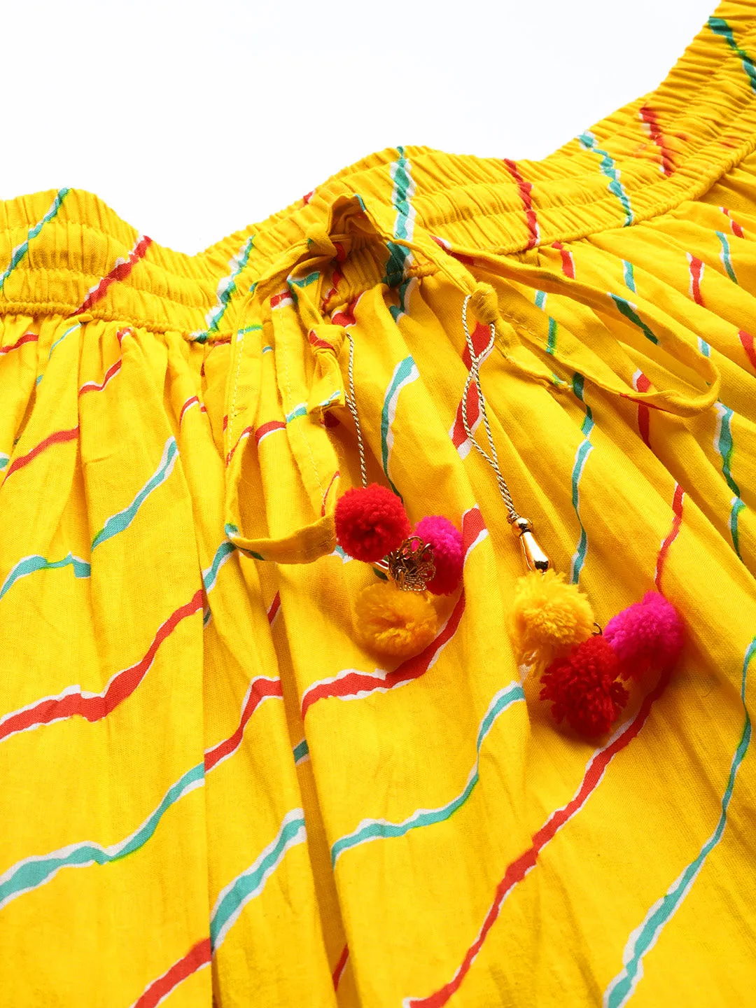 Ishin Women's Cotton Yellow Leheriya Flared Maxi Skirt