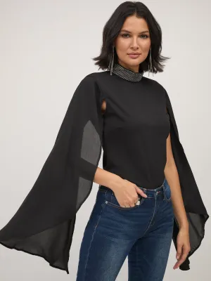 Jewel-Neck Cape-Sleeve Knit Top