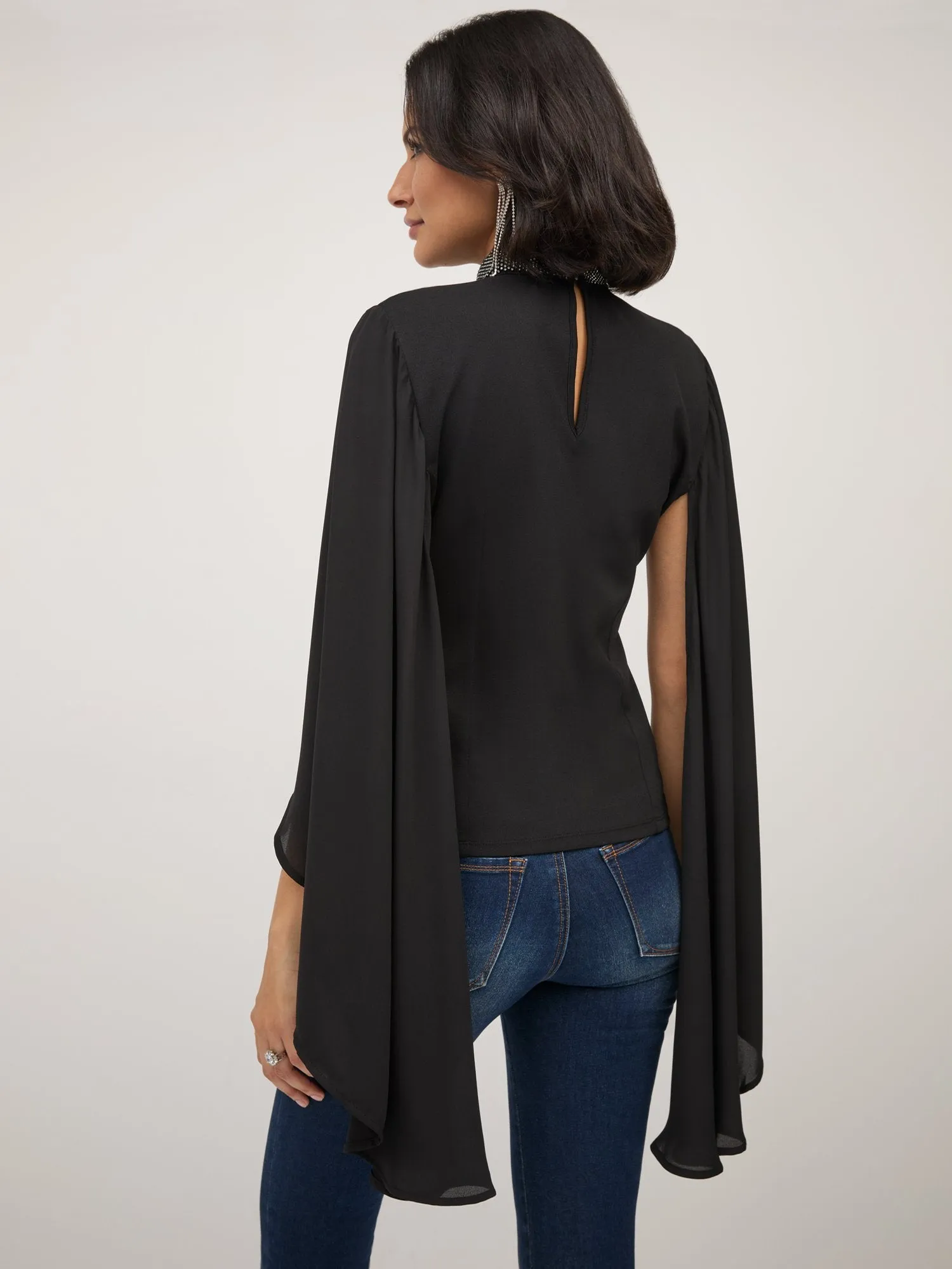 Jewel-Neck Cape-Sleeve Knit Top