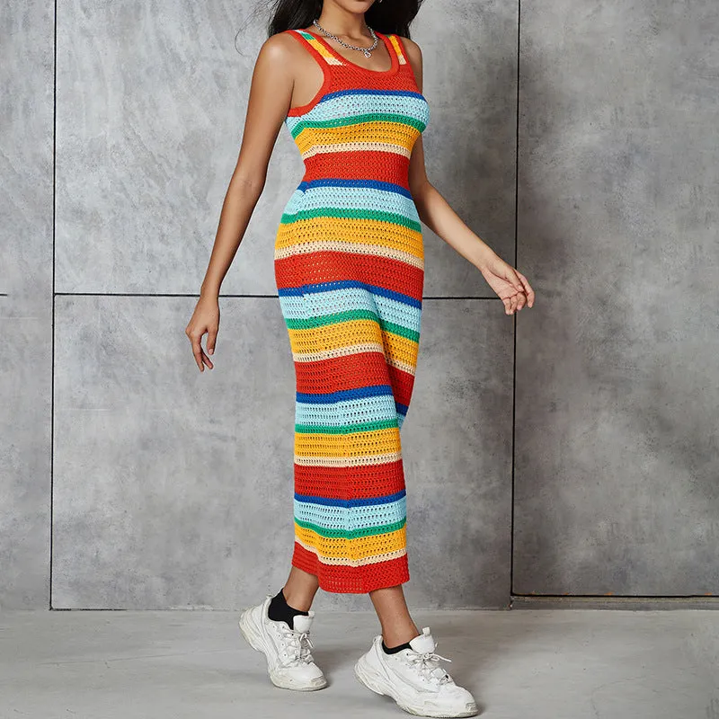 Knitted Color Block Slim Fit Sleeveless Maxi Dress