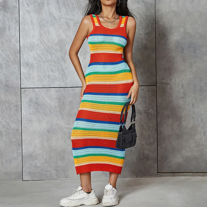 Knitted Color Block Slim Fit Sleeveless Maxi Dress