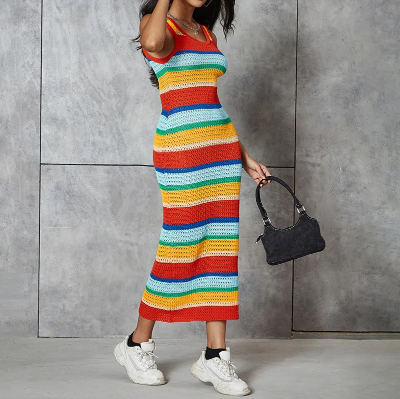 Knitted Color Block Slim Fit Sleeveless Maxi Dress