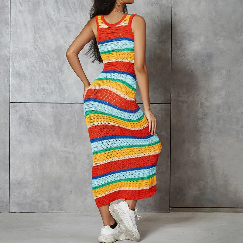 Knitted Color Block Slim Fit Sleeveless Maxi Dress
