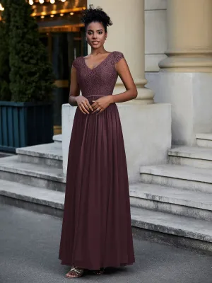 Lace and Chiffon Maxi Dress with Cap Sleeves-Cabernet