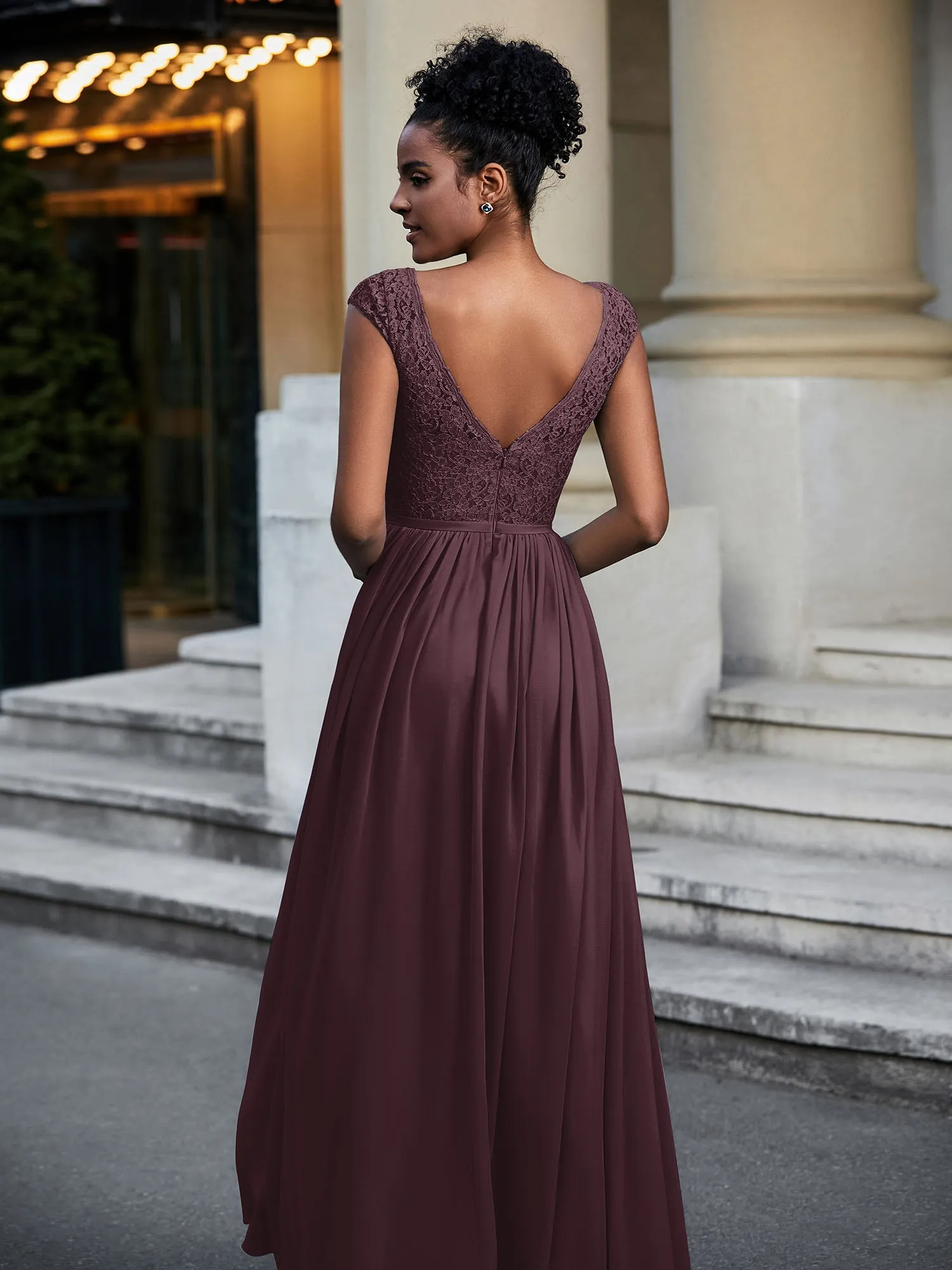 Lace and Chiffon Maxi Dress with Cap Sleeves-Cabernet