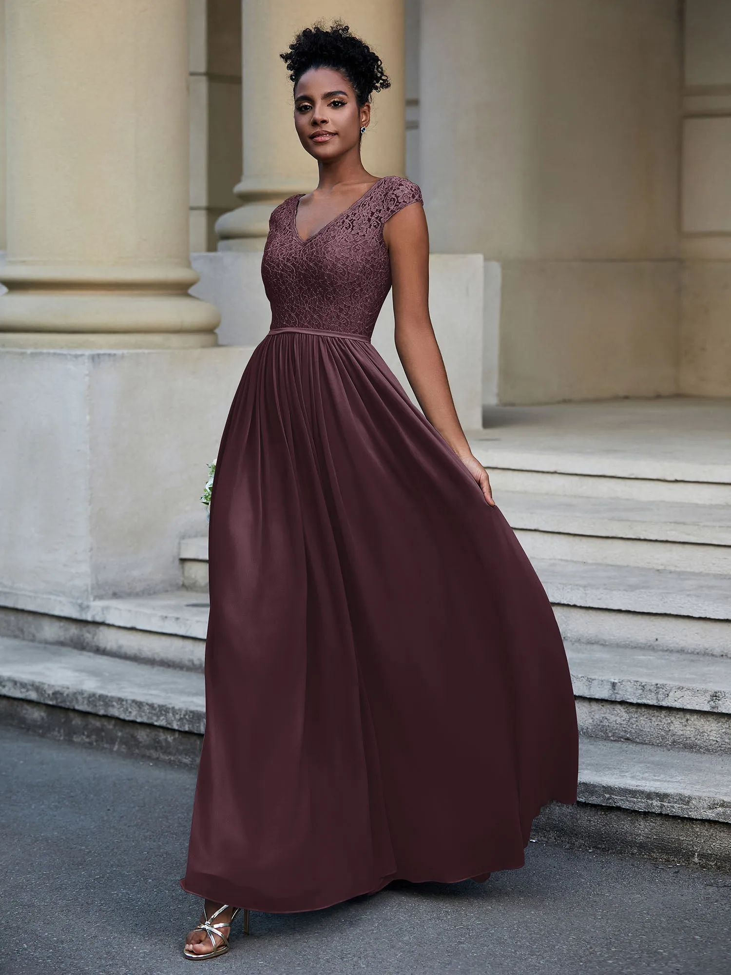 Lace and Chiffon Maxi Dress with Cap Sleeves-Cabernet