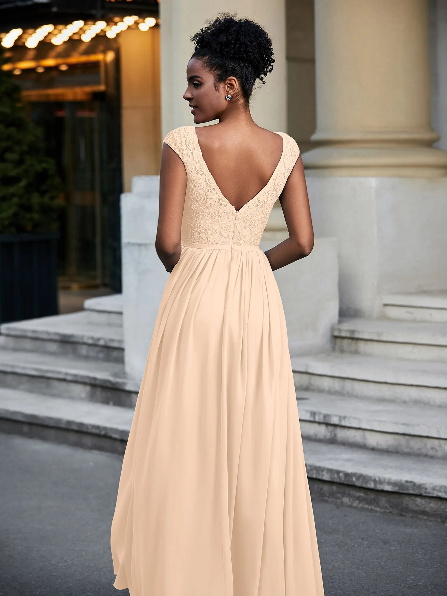Lace and Chiffon Maxi Dress with Cap Sleeves-Peach Plus Size