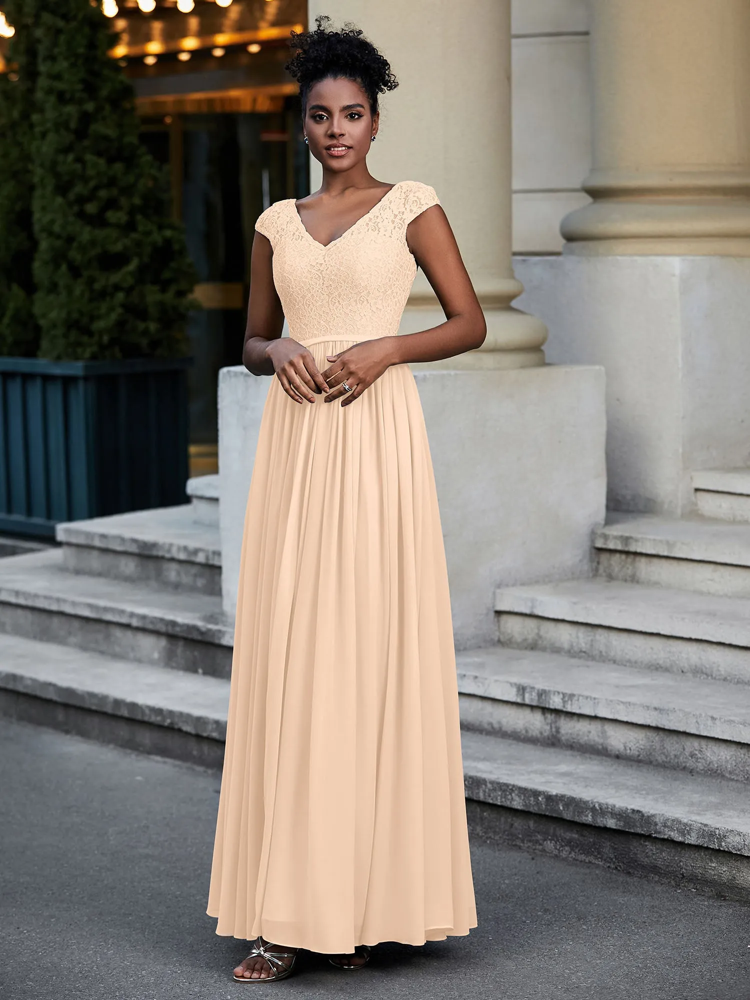 Lace and Chiffon Maxi Dress with Cap Sleeves-Peach Plus Size