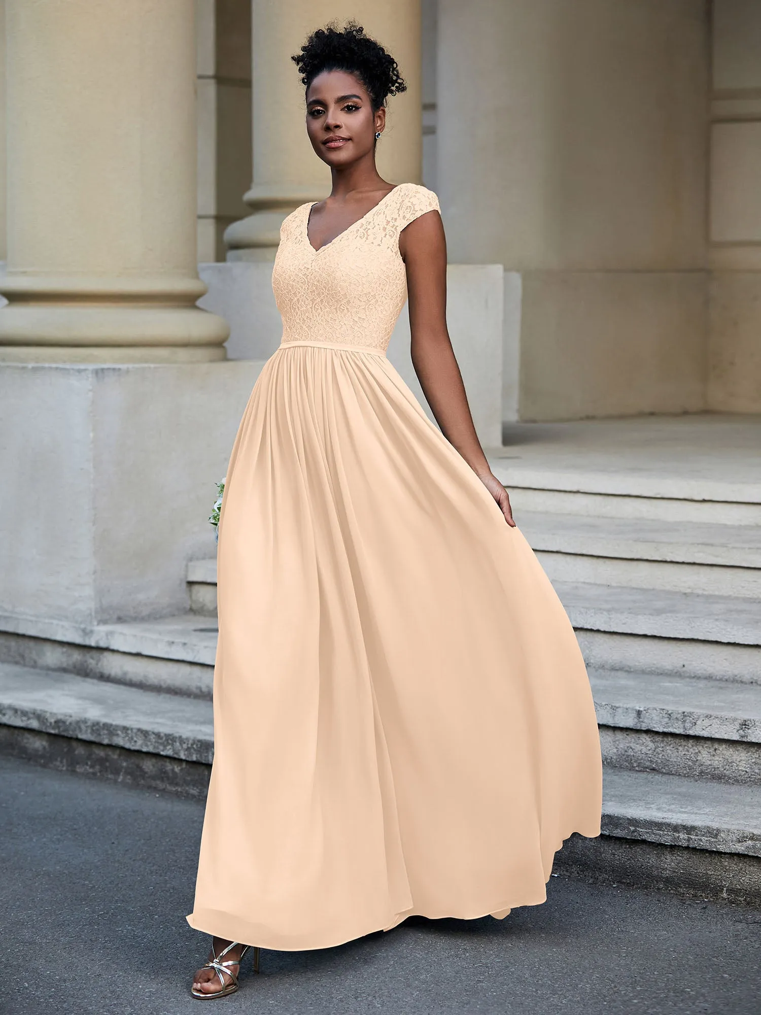 Lace and Chiffon Maxi Dress with Cap Sleeves-Peach Plus Size