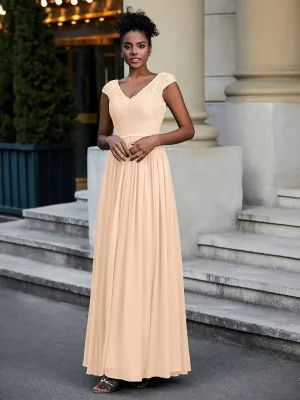 Lace and Chiffon Maxi Dress with Cap Sleeves-Peach Plus Size