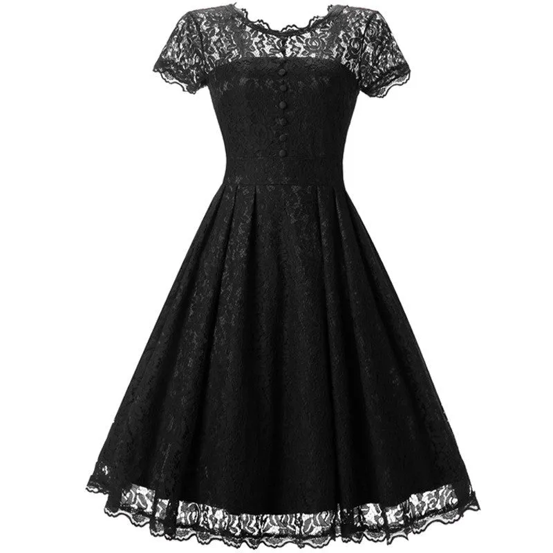 Lace Short Sleeves Splicing Pleated Single Button Short Dress