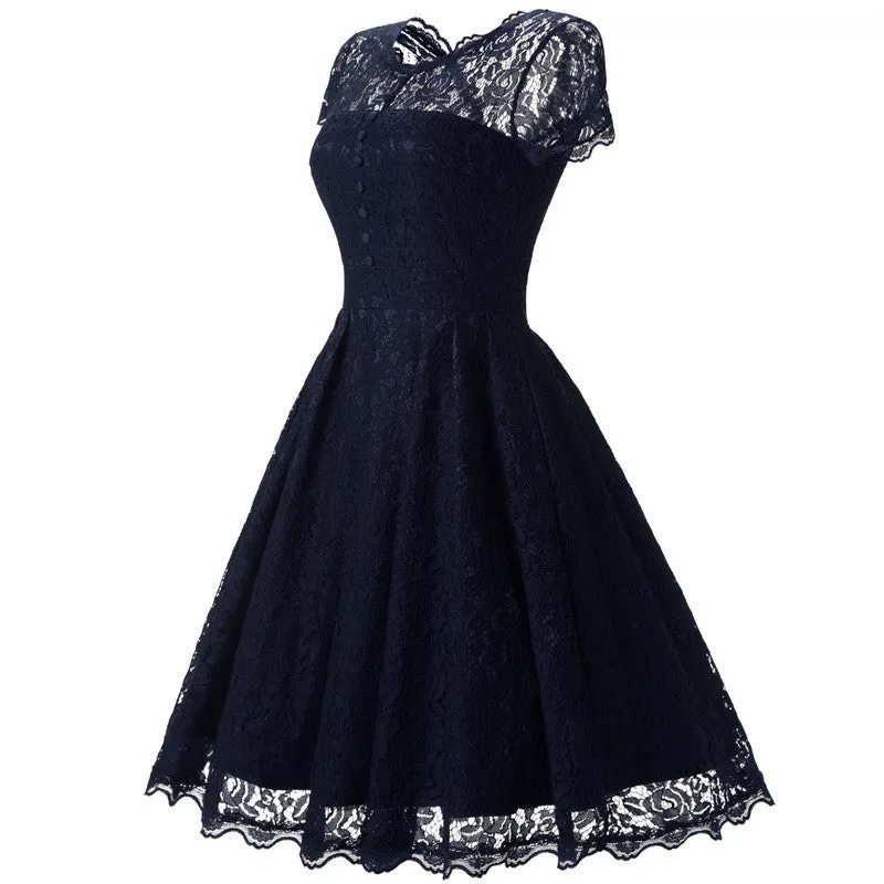 Lace Short Sleeves Splicing Pleated Single Button Short Dress