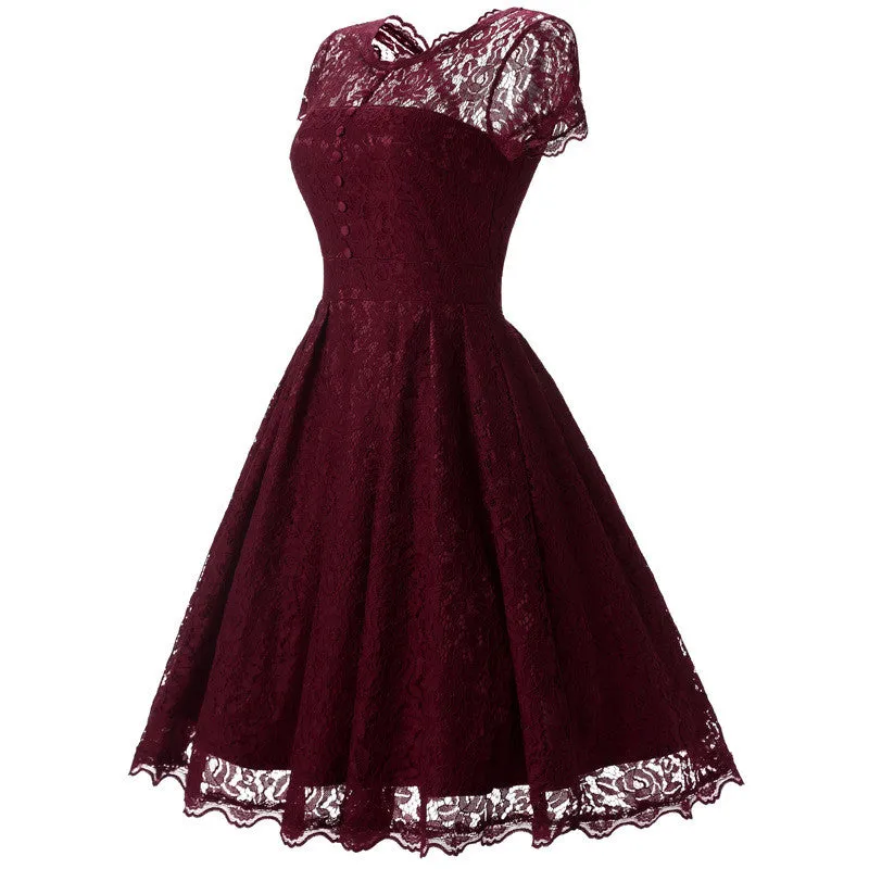 Lace Short Sleeves Splicing Pleated Single Button Short Dress