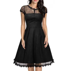 Lace Short Sleeves Splicing Pleated Single Button Short Dress