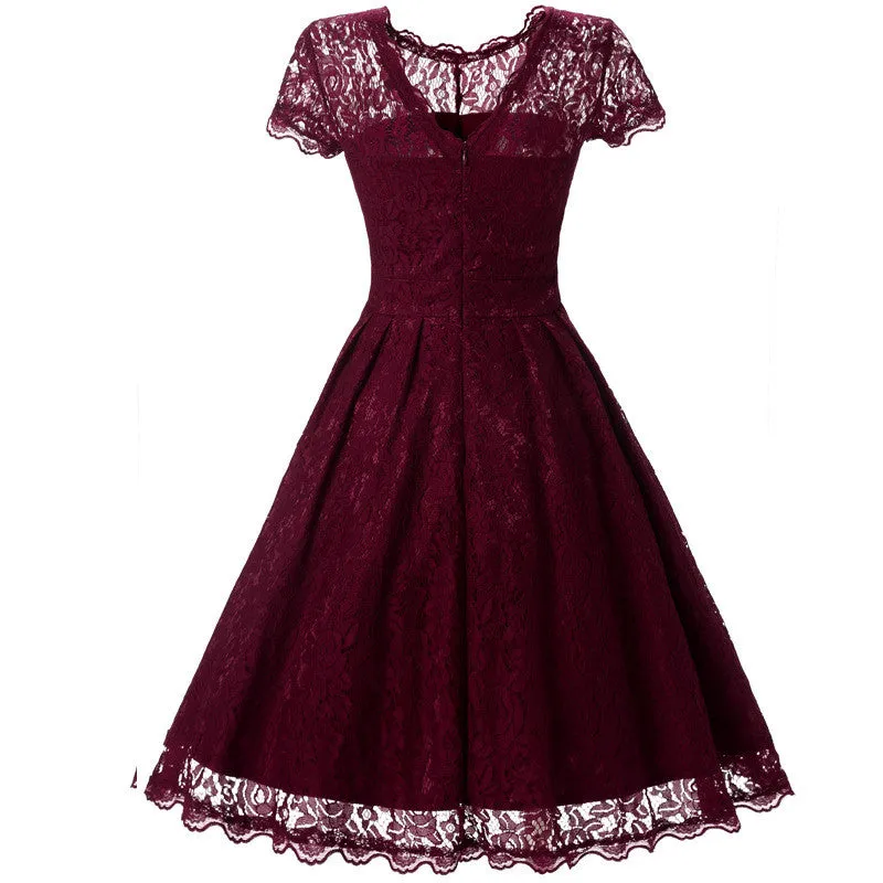 Lace Short Sleeves Splicing Pleated Single Button Short Dress